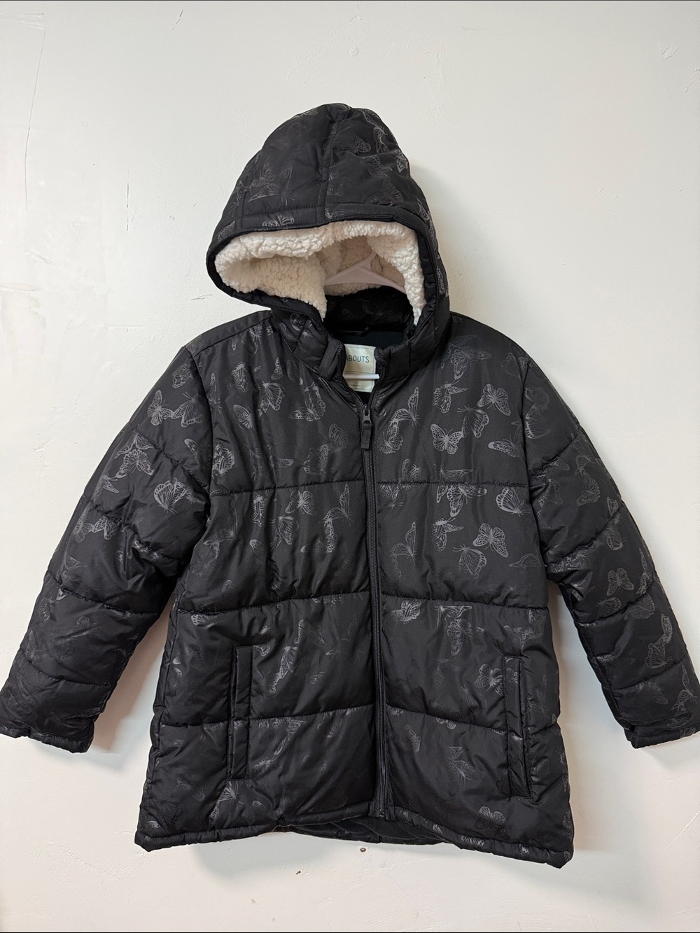 Girls' Black Butterfly-Print Puffer Coat with Sherpa Hood